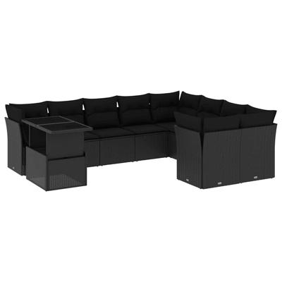 10-delige Loungeset met kussens poly rattan zwart - thumbnail