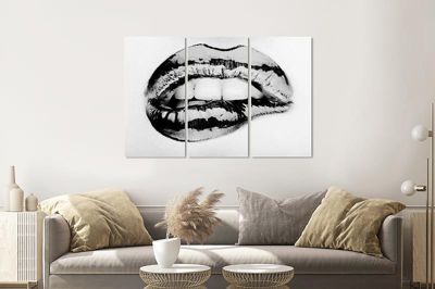 Schilderij - Metallic lippen, zwart/wit, 120x80cm, 3 luik, premium print