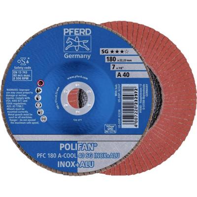 PFERD TOOLS 67754185 PFC 180 A-COOL 40 SG INOX+ALU Lamellenschijf Diameter 180 mm Boordiameter 22.23 mm Korrelgrootte (num) 40 Aluminium, Non-ferrometaal, RVS PFERD TOOLS 67754185 PFC 180 A-COOL 40 SG INOX+ALU Lamellenschijf Diameter 180 mm Boordiameter 22.23 mm Korrelgrootte (num) 40 Aluminium, Non-ferrometaal, RVS