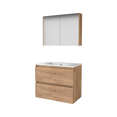 Basic-Line Comfort 46 Badkamermeubelset - 80 x 46 cm - Greeploos - 2 Lades - Keramische Wastafel - 1 Kraangat - Spiegelkast - Whisky Oak