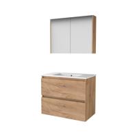 Basic-Line Comfort 46 Badkamermeubelset - 80 x 46 cm - Greeploos - 2 Lades - Keramische Wastafel - 1 Kraangat - Spiegelkast - Whisky Oak - thumbnail