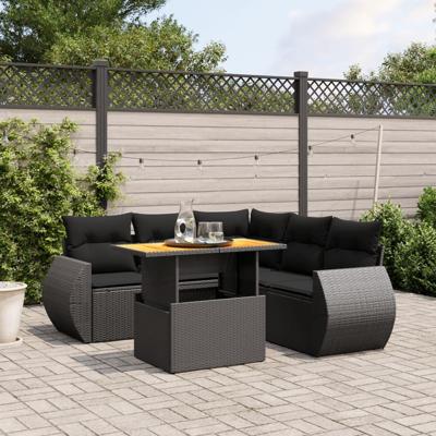 6-delige Loungeset met kussens poly rattan zwart