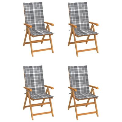 Tuinstoelen 4 st met grijs geruite kussens massief teakhout