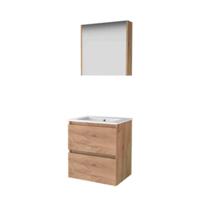 Basic-Line Comfort 46 Badkamermeubelset - 60 x 46 cm - Greeploos - 2 Lades - Keramische Wastafel - 1 Kraangat - Spiegelkast - Whisky Oak - thumbnail