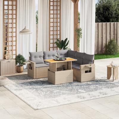6-delige Loungeset met kussens poly rattan beige
