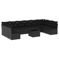 11-delige Loungeset met kussens poly rattan zwart - thumbnail