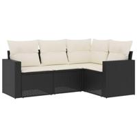 4-delige Loungeset met kussens poly rattan zwart - thumbnail