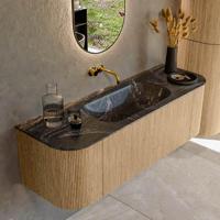 Mondiaz KURVE-DLUX 140 cm Onderkast Greeploos 1 Lade Met Deuren Oak, Wastafel Solid Surface Midden Lava 0 Kraangaten Zonder Spiegel (KRVBGS140L+R1L2D0KM-Oak/Lav) - thumbnail