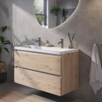 Saqu Gaia badmeubel incl. glans witte wastafel 100x52x64cm naturel eiken - aluminium greeplijst - thumbnail