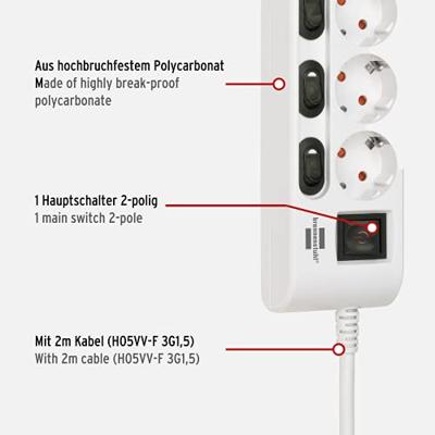Brennenstuhl stekkerdoos | 6-voudig | met 2 meter kabel | wit - 1153110126 Brennenstuhl stekkerdoos | 6-voudig | met 2 meter kabel | wit - 1153110126