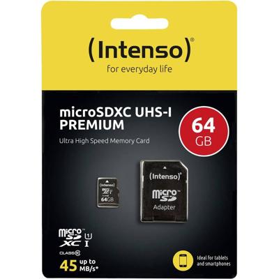 Intenso Premium microSDXC-kaart 64 GB Class 10, UHS-I Incl. SD-adapter Intenso Premium microSDXC-kaart 64 GB Class 10, UHS-I Incl. SD-adapter