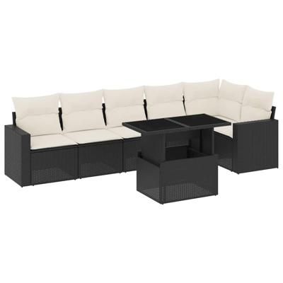 7-delige Loungeset met kussens poly rattan zwart