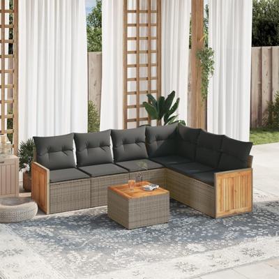 7-delige Loungeset met kussens poly rattan grijs
