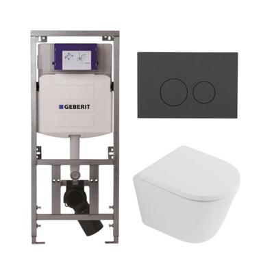 QeramiQ Dely Toiletset - 36.3x51.7cm - diepspoel - rimless - Geberit UP320 inbouwreservoir - softclose toilet zitting 35 mm - bedieningsplaat mat antraciet - ronde knoppen - mat wit SW1026254/SW1000767/0701131/SW1102376