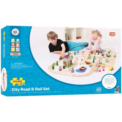 Bigjigs houten treinbaan en autobaan set, 105dlg.