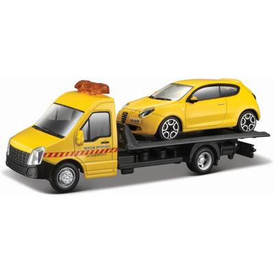 Bburago schaalmodel Alfa Romeo Mito + Flatbed Transporter 1:43 geel