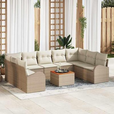 Tuinbankenset met kussen 10 pcs Beige poly rattan