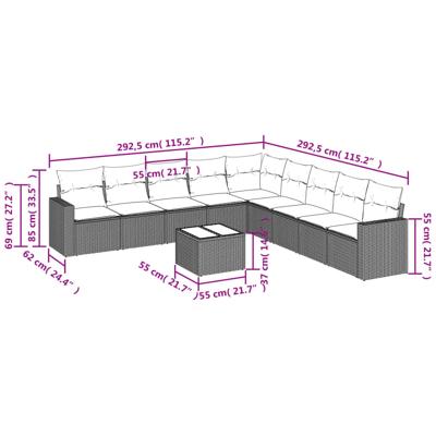 10-delige Loungeset met kussens poly rattan zwart - thumbnail