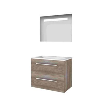 Basic-Line Economic 46 Badkamermeubelset - 80 x 46 cm - Met Grepen - 2 Lades - Acryl Wastafel - 1 Kraangat - Spiegel met LED Verlichting - Scotch Oak