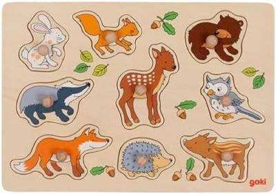 Goki houten noppenpuzzel bosdieren, 9st.