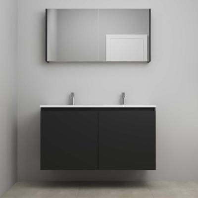 On-Line Badkamermeubelset - 120 cm - Bouwpakket - Greeploos 2 Deuren - Acryl Wastafel - 2 Kraangaten - Spiegelkast - Mat Zwart