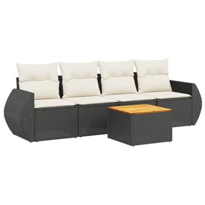 5-delige Loungeset met kussens poly rattan zwart