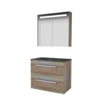 Basic-Line Premium 46 Badkamermeubelset - 80 x 46 cm - Met Grepen - 2 Lades - Hardstenen Wastafel - Zonder Kraangat - Spiegelkast met LED Verlichting - Scotch Oak - thumbnail