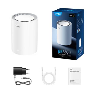 Cudy Dual Band BE3600 WiFi 7 Wi-Fi Mesh Systeem, 3,6 Gbps 160 Mhz, Dekking tot 2500 m², 3 Gigabit Poorten, Multi-VPN Compatibel, Cudy APP Controle (M3600 1-Pack)