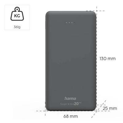 Hama Power Pack Supreme 20HD 20000mAh 3 Uitgangen: 1x USB-C 2x USB-A Grijs Hama Power Pack Supreme 20HD 20000mAh 3 Uitgangen: 1x USB-C 2x USB-A Grijs