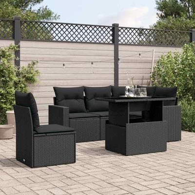 6-delige Loungeset met kussens poly rattan zwart