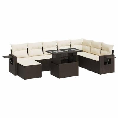 9-delige Loungeset met kussens poly rattan bruin