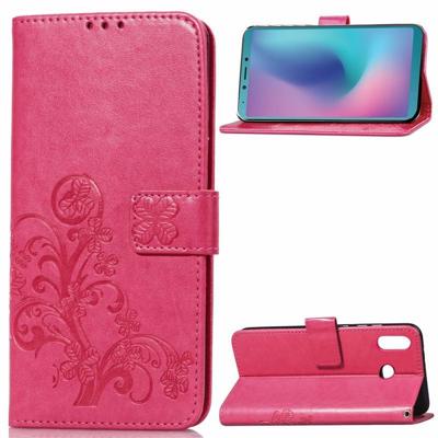 Lucky Clover ingedrukt bloemen patroon lederen case voor Galaxy A6s met houder & kaartsleuven & portemonnee & hand strap (magenta)