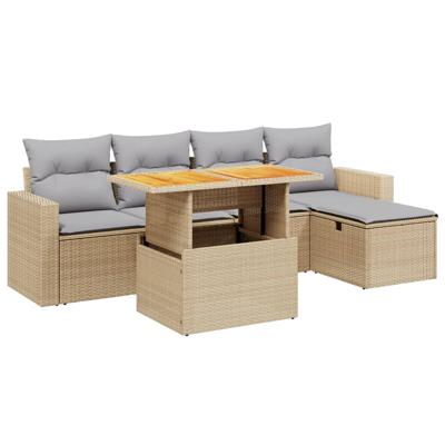 6-delige Loungeset met kussens poly rattan acacia beige