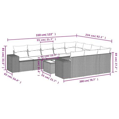 11-delige Loungeset met kussens poly rattan bruin - thumbnail