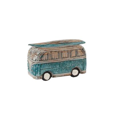 CosyDecor Busje hout gesneden blauw 15x7x9cm