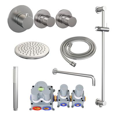 Brushed Edition thermostatische inbouw regendouche SET 15 met 20 cm douchekop en gebogen muurarm en staaf handdouche en doucheslang