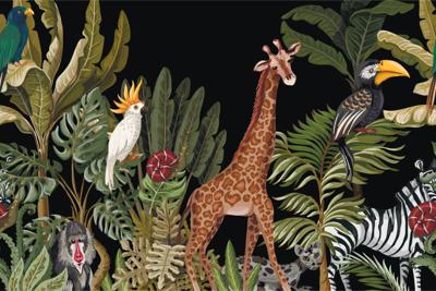 Fotobehang - Exotische dieren tussen bladeren, Kinderkamer, 11 maten, inclusief behanglijm