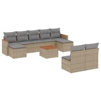 10-delige Loungeset met kussens poly rattan gemengd beige - thumbnail