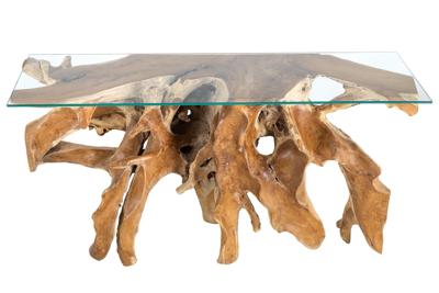 Massieve wandtafel ROOT 150cm naturel teakhout massief wortelhout glazen blad - 6044121