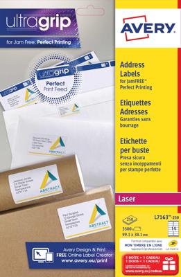 Avery L7163, Adresetiketten, Laser, Ultragrip, wit, 250 vellen, 14 per vel, 99,1 x 38,1 mm Avery L7163, Adresetiketten, Laser, Ultragrip, wit, 250 vellen, 14 per vel, 99,1 x 38,1 mm