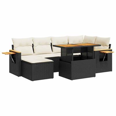 7-delige Loungeset met kussens poly rattan acacia zwart