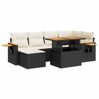 7-delige Loungeset met kussens poly rattan acacia zwart - thumbnail