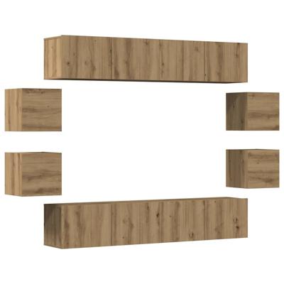 8-delig Tv-meubelset wandmontage bewerkt hout artisanaal eiken - thumbnail