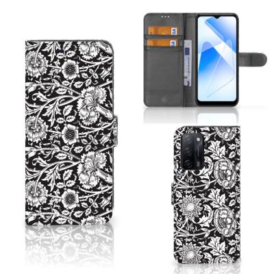 OPPO A16/A16s/A54s Hoesje Black Flowers | Portemonnee hoesje OPPO A16/A16s/A54s Hoesje Black Flowers | Portemonnee hoesje