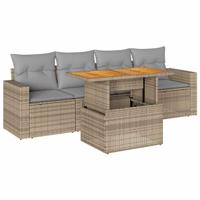 5-delige Loungeset met kussens poly rattan beige - thumbnail