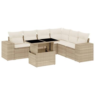 7-delige Loungeset met kussens poly rattan beige