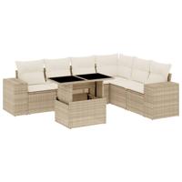 7-delige Loungeset met kussens poly rattan beige - thumbnail