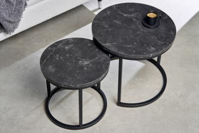 Set van 2 bijzettafels ELEGANCE 45cm zwart marmeren design metalen frame rond - 43644