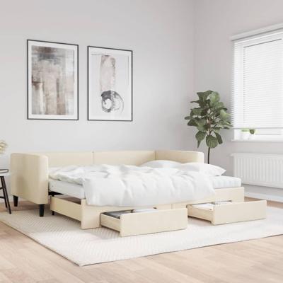 Slaapbank met onderschuifbed en lades 90x200 cm stof crèmekleur