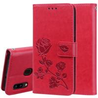 Voor Galaxy A20e ingedrukt afdrukken Rose patroon horizontale Flip PU lederen draagtas met houder & kaartsleuven & portemonnee (rood) - thumbnail